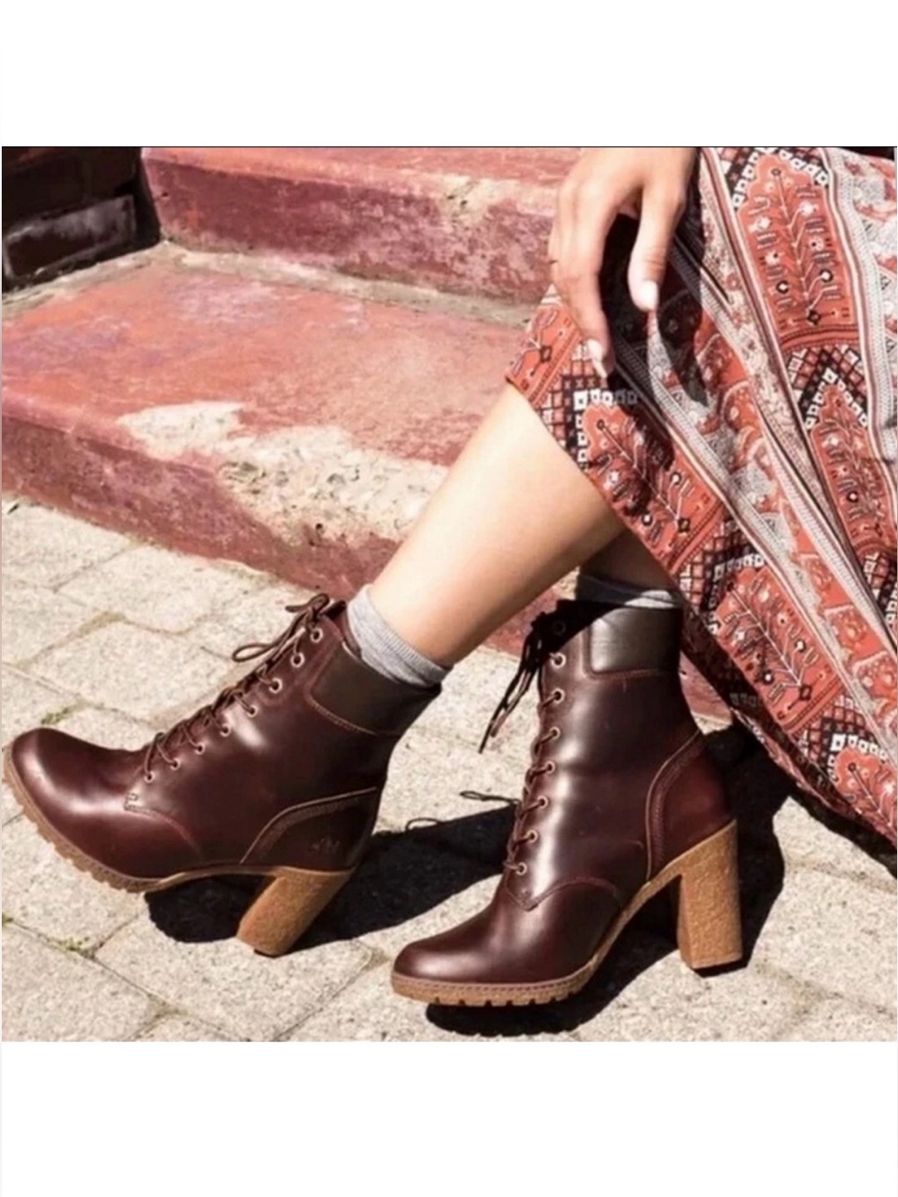 Timberland Glancy Burgundy Leather Lace Up Heeled Ankle Boots Women's 8.5